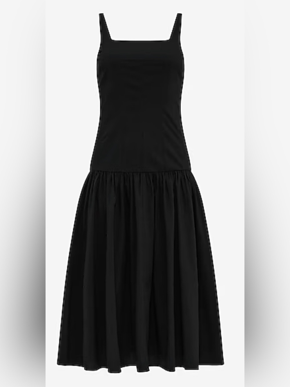 Express Black Square Neck Drop Waist Fit-and-Flare Midi Dress - Picture 3 of 15